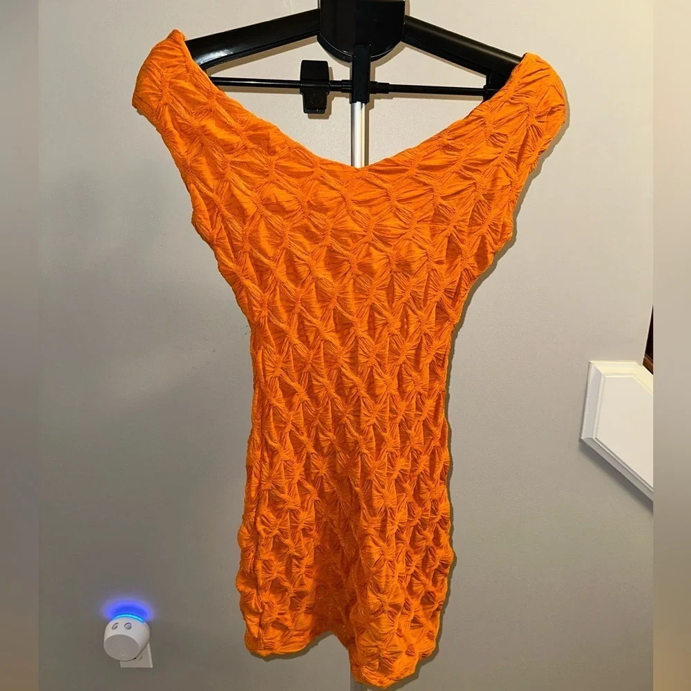 zara orange textured dress NWT Zara Tangerine Orange Nubby Texture Dress Pouf Short Sleeve Size M